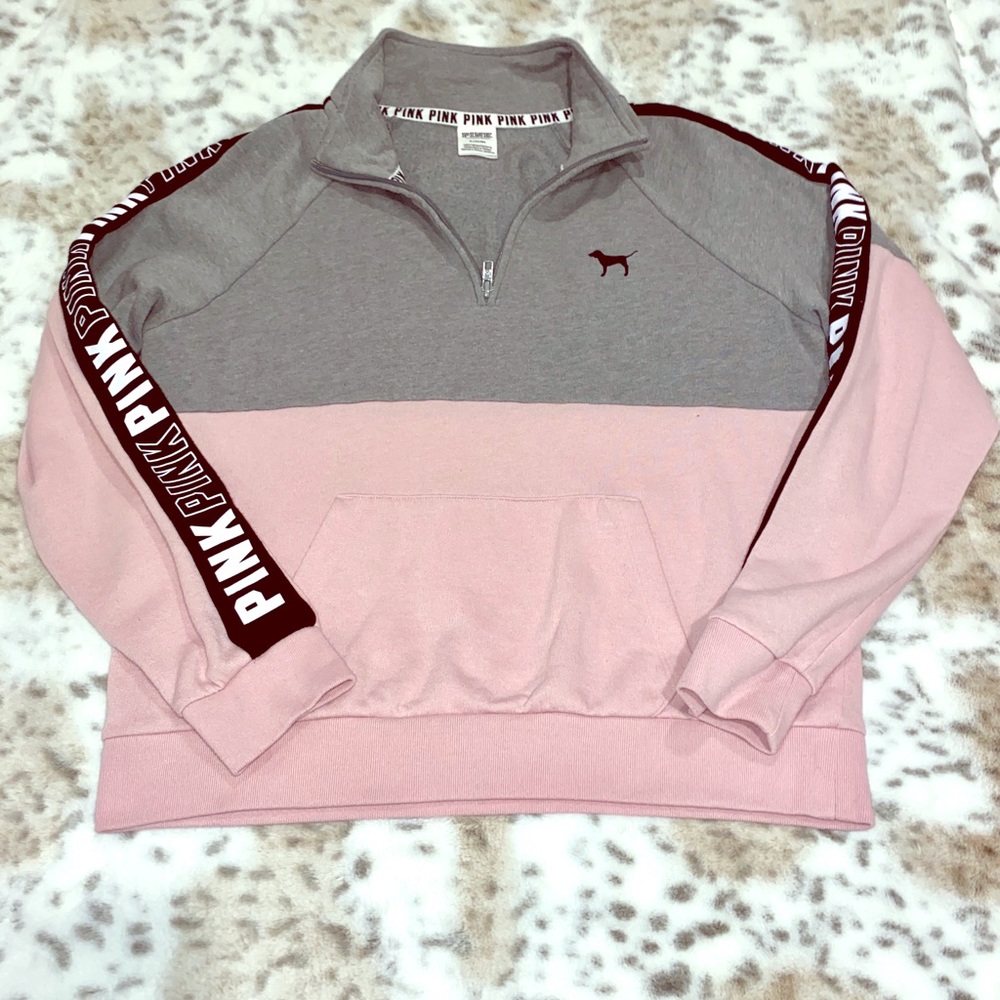 VS Pink Logo Stripe campus half zip pullover M